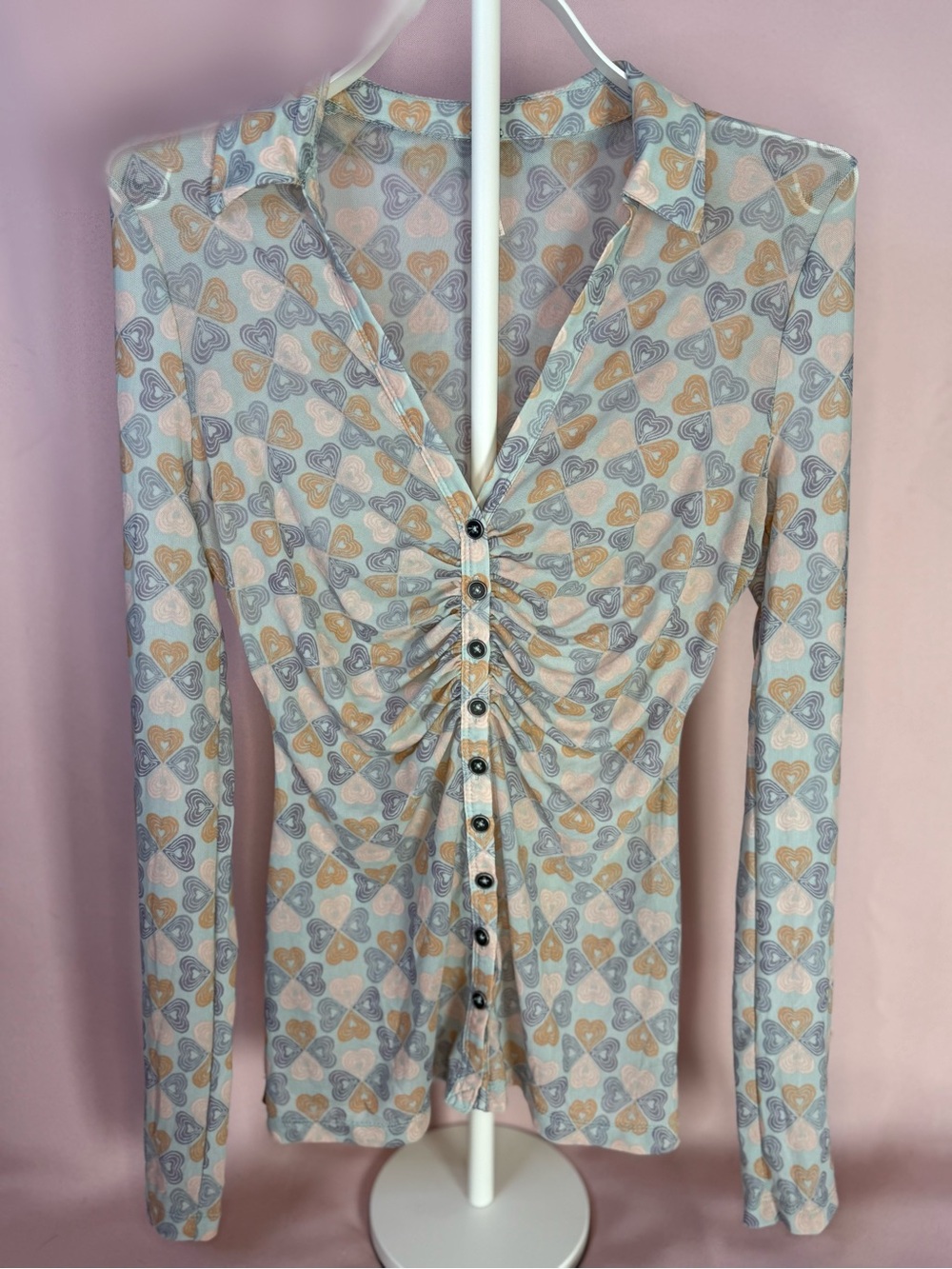 Free People - Sheer Ruched Button-Front Long Sleeve with Pastel Hearts - Size S